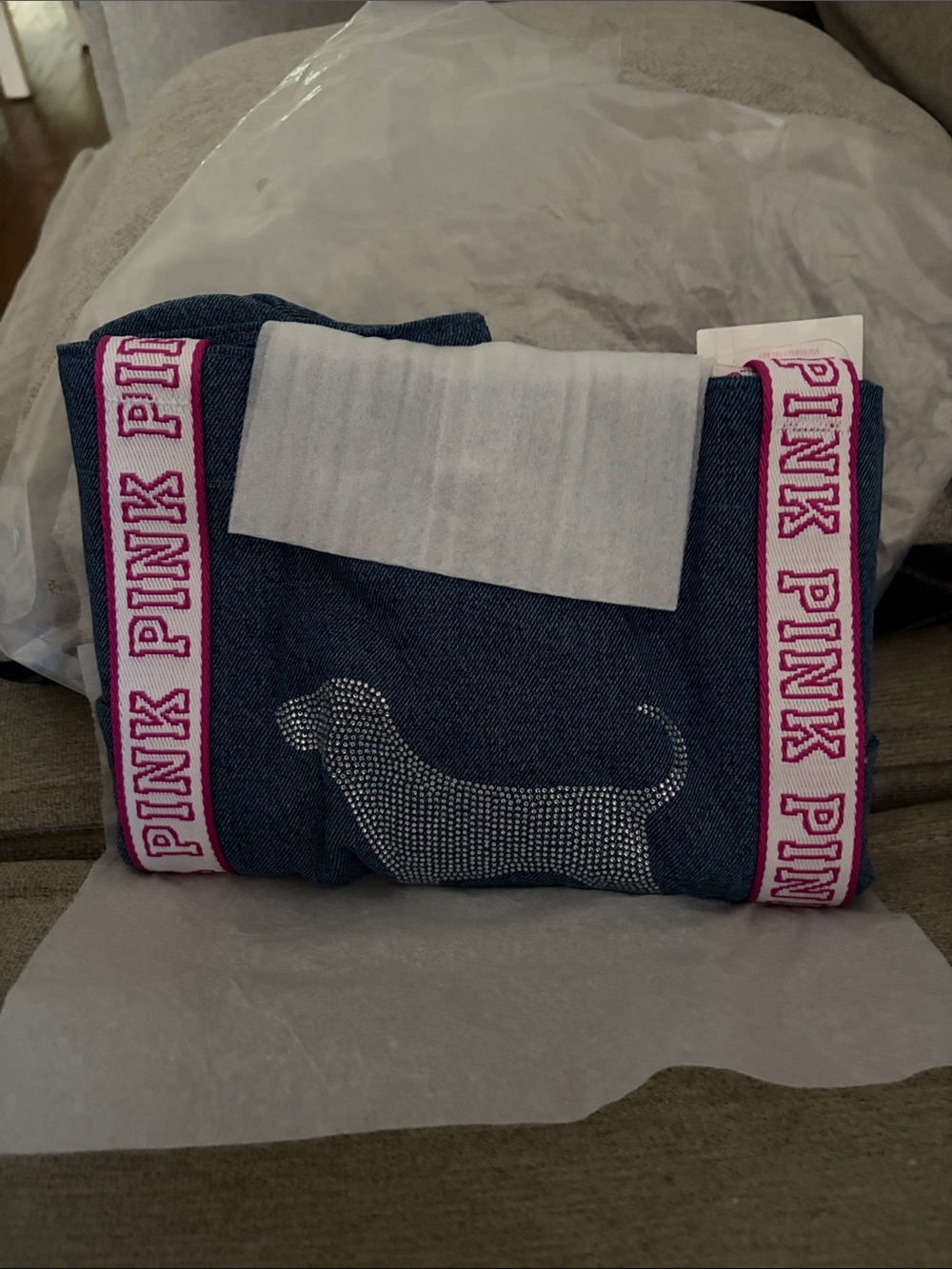 PINK Victoria's Secret Denim Tote with Rhinestone Dachshund and Hot Pink Trim